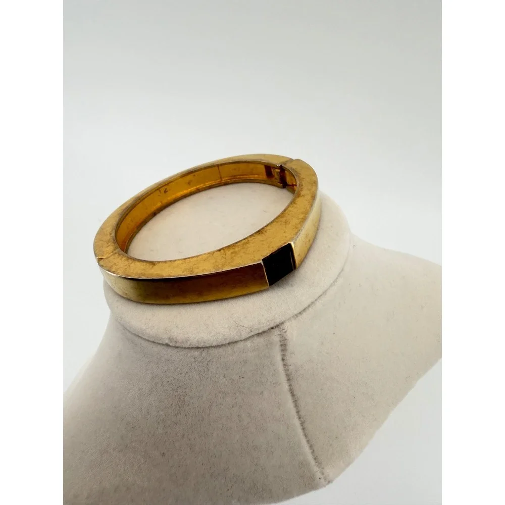 Vintage Gold Tone Hinged Bangle Bracelet Square Black Stone Geometric Cuff